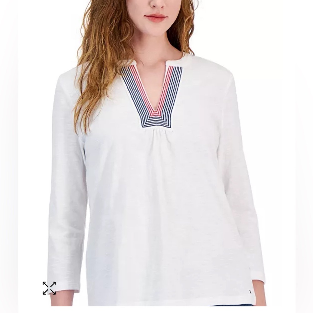 Tommy Hilfiger Women's Cotton Embroidered white Split-Neck Tuni Size M